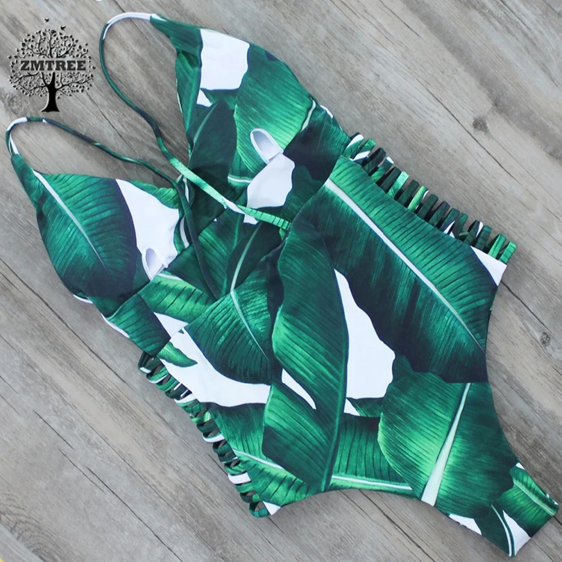 ZMTREE 2017 Новый сплошной купальник с зелеными листьями высоким вырезом женский