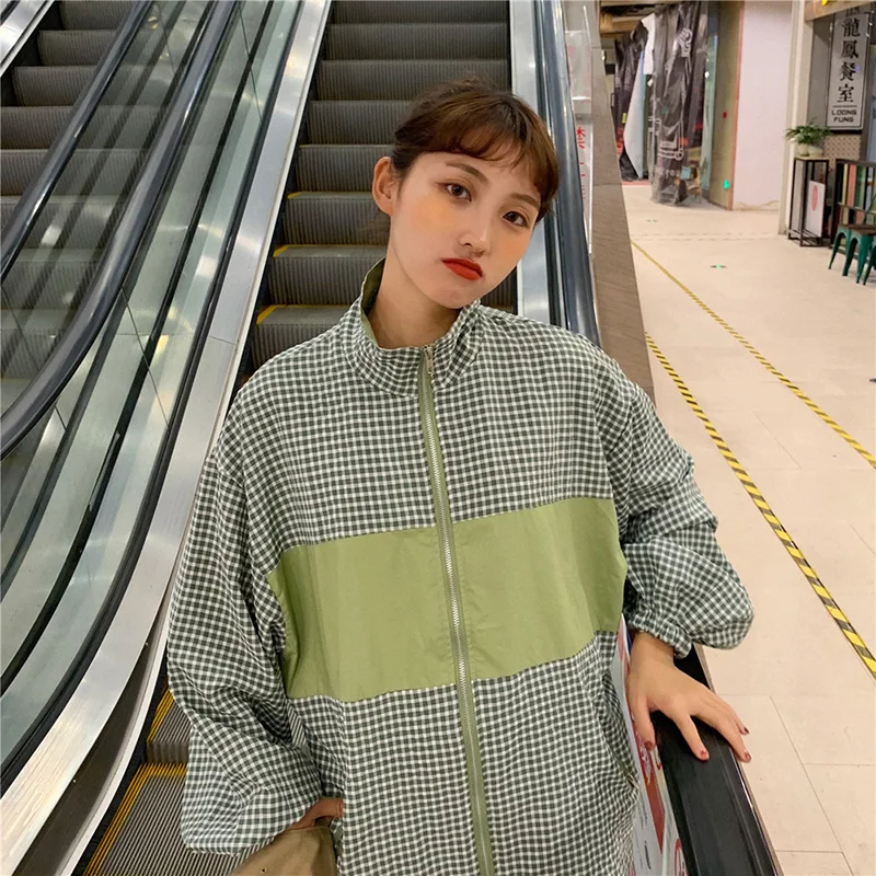 Женские куртки в клетку BF корейский Harajuku Ulzzang стиль с длинным рукавом Повседневная Женская Базовая куртка Универсальная Высокое качество свободные трендовые