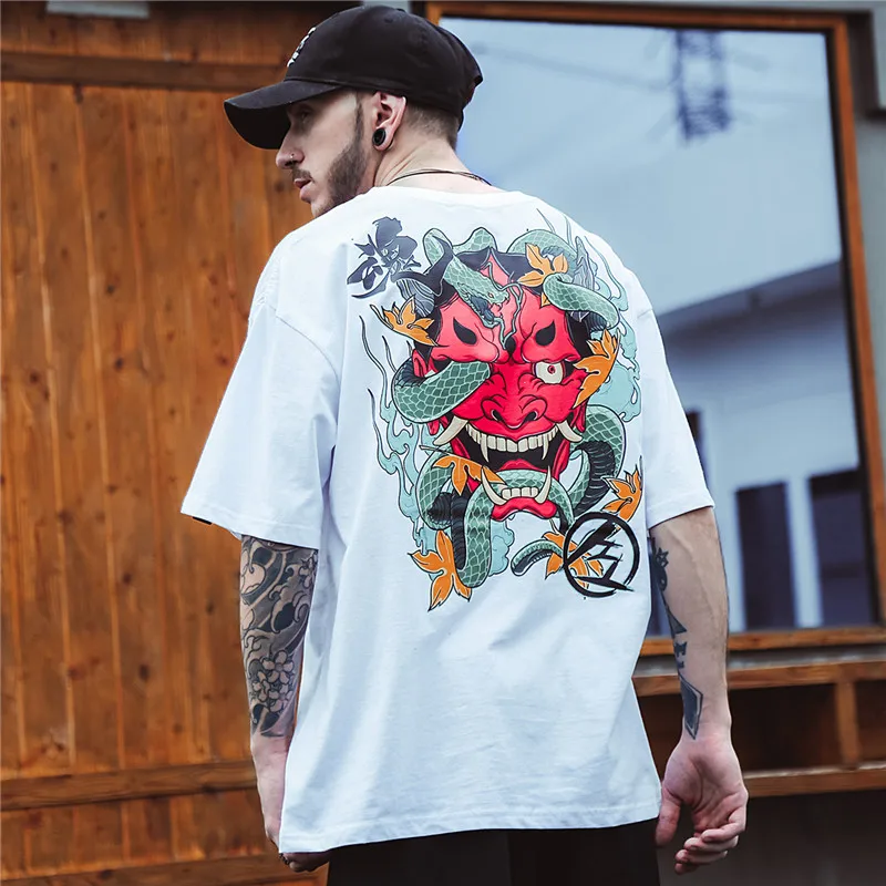 Bebovisi Harajuku Хип-хоп Мужская футболка со змеиным привидением, Японская уличная хлопковая Футболка большого размера, топы с принтом сзади, одежда