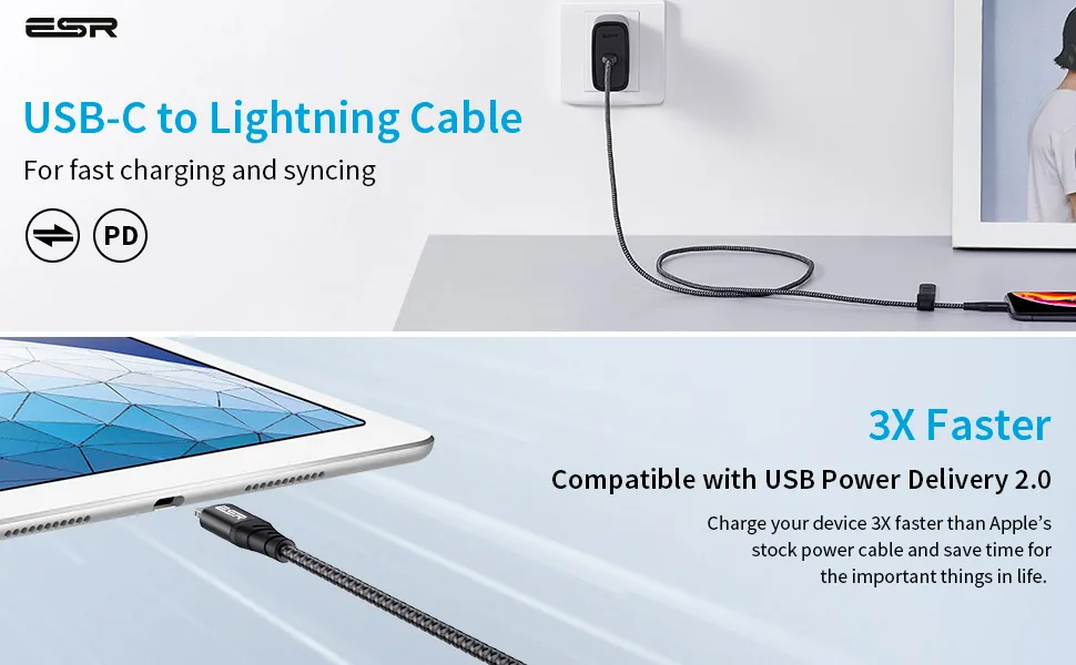ESR USB C к Lightning MFi Сертифицированный PD Быстрая зарядка 1 м 2 м type C кабель для зарядки данных для iPad iPhone 11 Pro XR XS Max X Plus