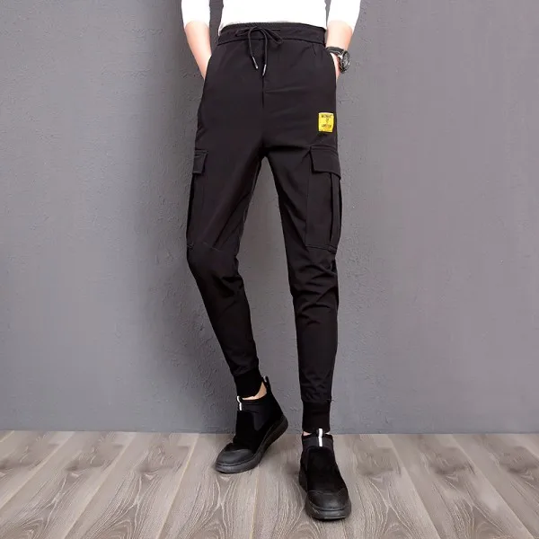 Для мужчин брюки Slim Fit боковые карманы патч черные брюки Мужской Повседневное работы уличная Костюмы модные мужские Штаны для бега - Цвет: Черный
