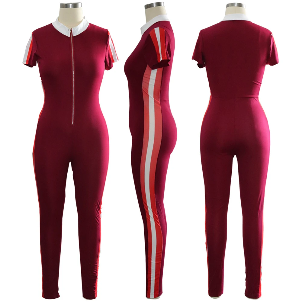

Europe And America Fashion Zipper Red Blue Short Sleeve Sexy One Piece Pants Jumpsuits Women Stripe Long Tracksuit Rompers