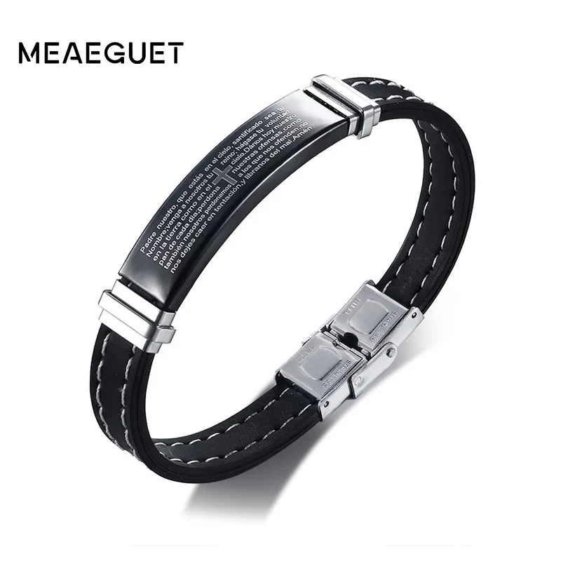 Meaeguet нержавеющая сталь крест Библейский браслет для мужчин Высокое качество Черный силиконовый браслет религиозная молитва Ювелирные изделия 13 мм в ширину