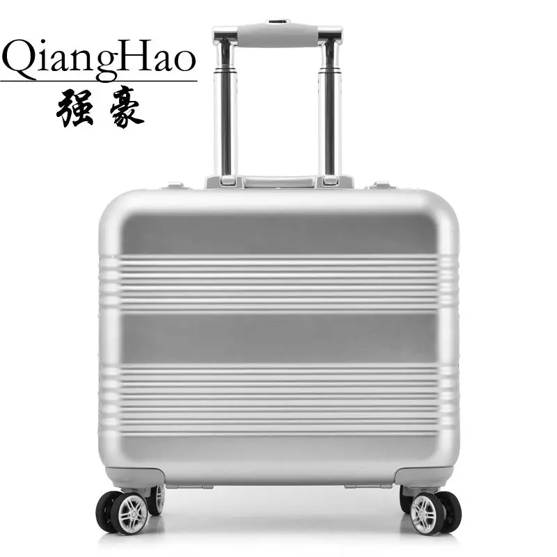 QiangHao, алюминиевый сплав, 18 дюймов, чемодан на колесиках, Дорожный чемодан с алюминиевой удочкой, Спиннер, колеса, багаж для переноски - Цвет: Silver