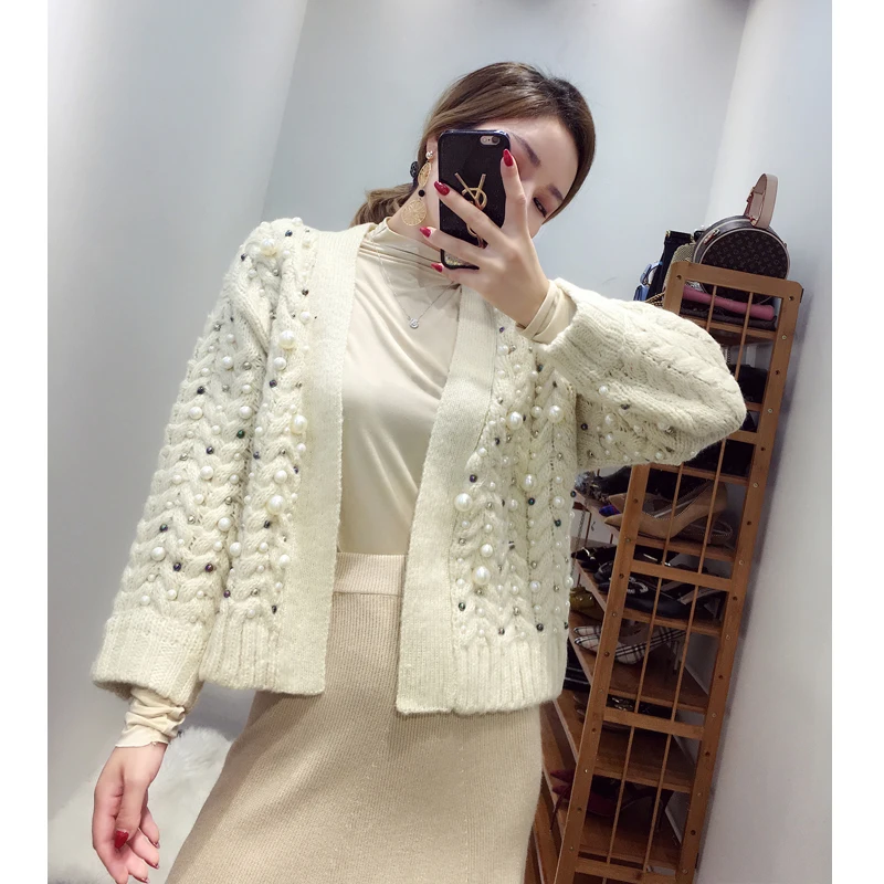 2018 Vintage Full Beading Pearls Twist Knitting Cardigans Short Long Sleeve Cashmere Sweater Women's Fall Spring Cardigan Coat |