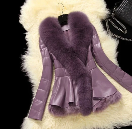 purple Новинка, зимняя парка, шуба из натурального Лисьего меха, женская короткая стильная одежда, большой воротник, овчина, натуральная кожа, пуховик, верхняя одежда, куртка - Цвет: purple