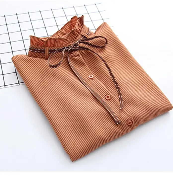 Brown Осень, блузка с длинным рукавом, женская мода, для офиса, женские топы, элегантная стоячая полосатая рубашка с воротником, с бантом, на шнуровке, рубашки белого и розового цвета - Цвет: Brown