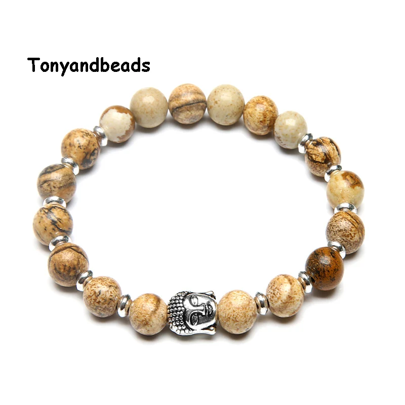Picture Jasper Натуральный камень Бусины Браслет античный серебряный Будда шарм браслеты и браслет для женщин или мужчин No. NB3 - Окраска металла: Picture Jasper