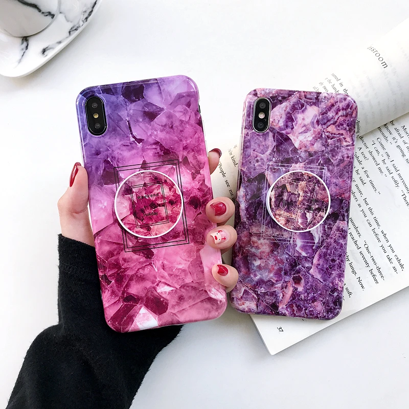 Fashion Simple Marble Purple Case For iPhone 7 Soft Back Cover XS MAX XR X 6 6S Plus 8 Airbag Bracket Phone Bag |