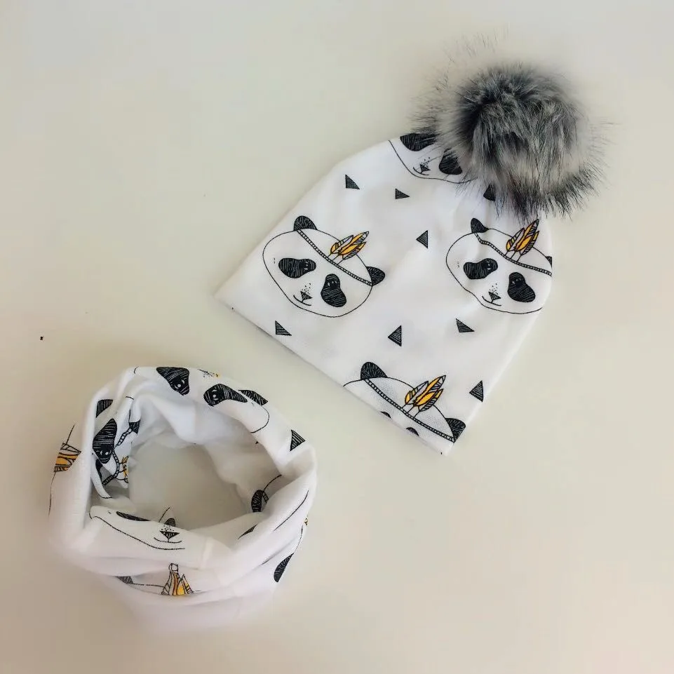 panda 6 Детская шапка с помпонами, осенне-зимние детские шапки для девочек и мальчиков, детская шапочка, шапка с воротником, шарф, комплект, детская шапка, реквизит для фотосессии - Цвет: panda 6