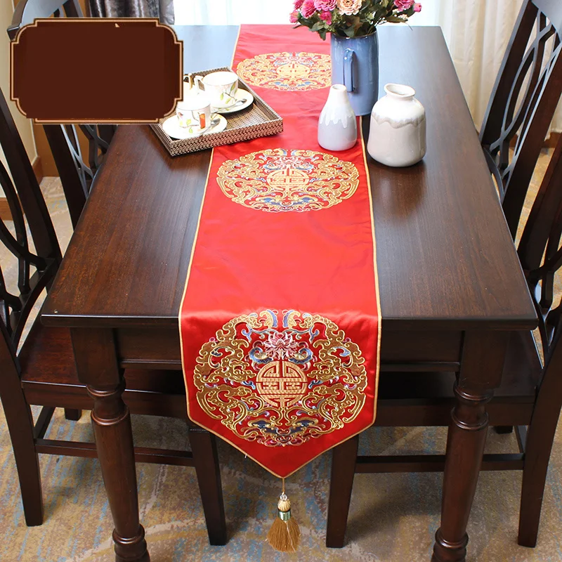 

Chinese embroidered classical red totem TV cabinet table bed flag table runner M429