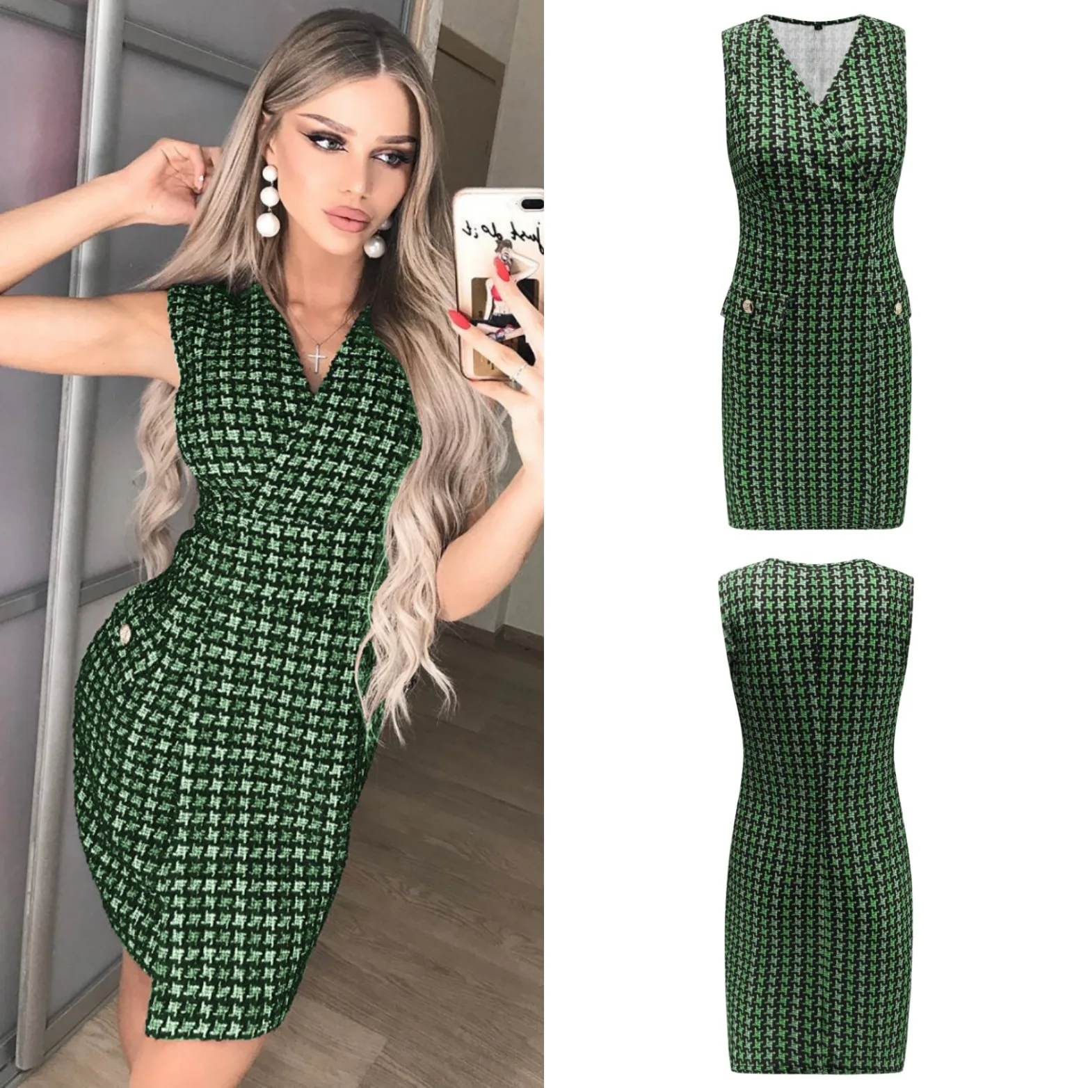 Женское клетчатое платье без рукавов средней длины с v образным вырезом и узором