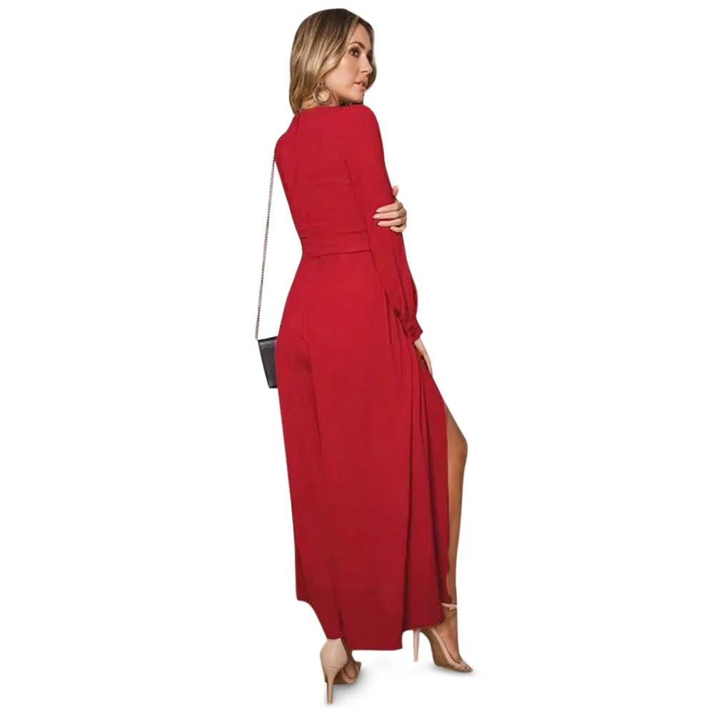 Женский комбинезон VESTLINDA однотонный с глубоким вырезом длинным рукавом поясом и