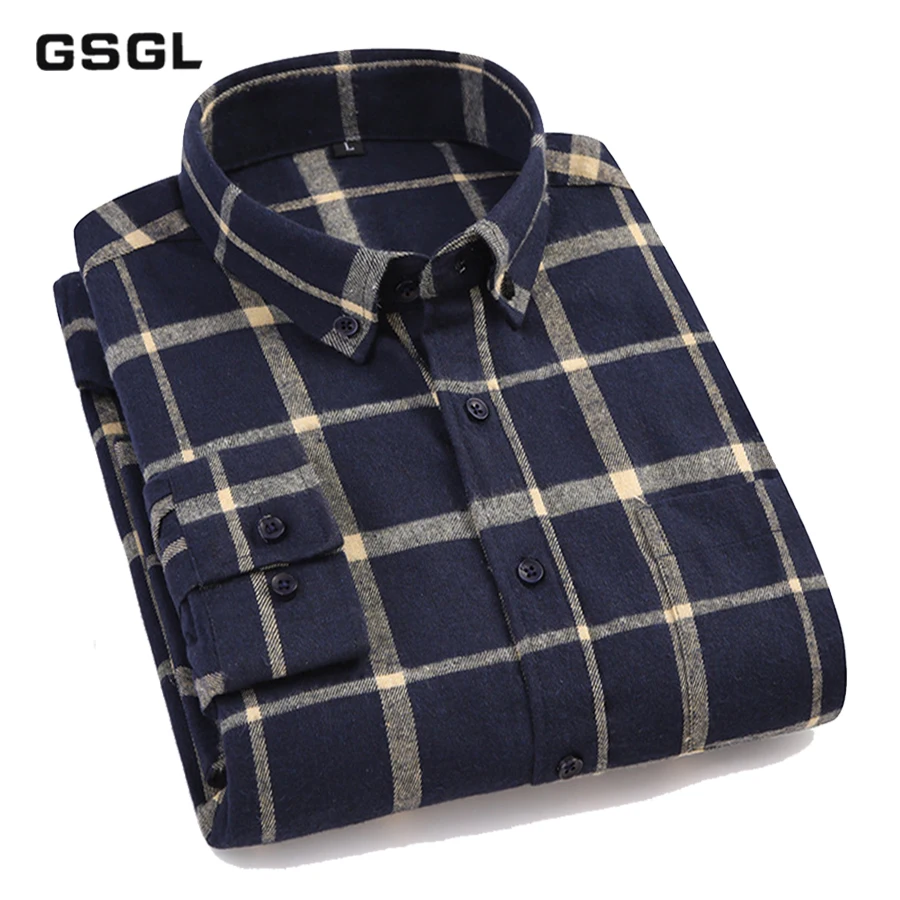 

Flannel Plaid Shirt with Left Chest Pocket High-quality Male Smart Casual Slim Fit Turn-down Shirts