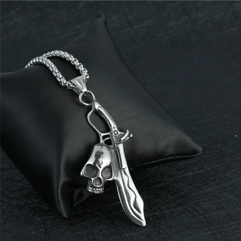 

Hot Sale Men Stainless Steel Skull With Knife Pendant Fashion Skeleton Charms Gothic Biker Punk Necklace For Men gift