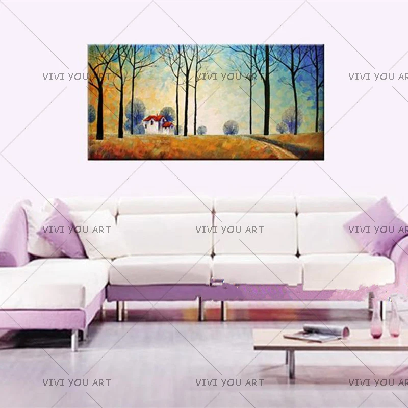 

New Large Size Hand Painted Trees House Landscape Oil Painting on Canvas Wall Art Pictures For Living Room Home Decor No Frame