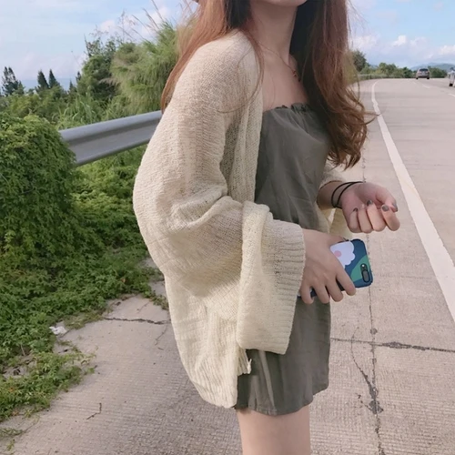 short apricot Neploe ледяной шелк вязаный женский свитер осень корейский с расклешенными рукавами кардиганы свободные мягкие солнцезащитные женские топы 45305 - Цвет: short apricot