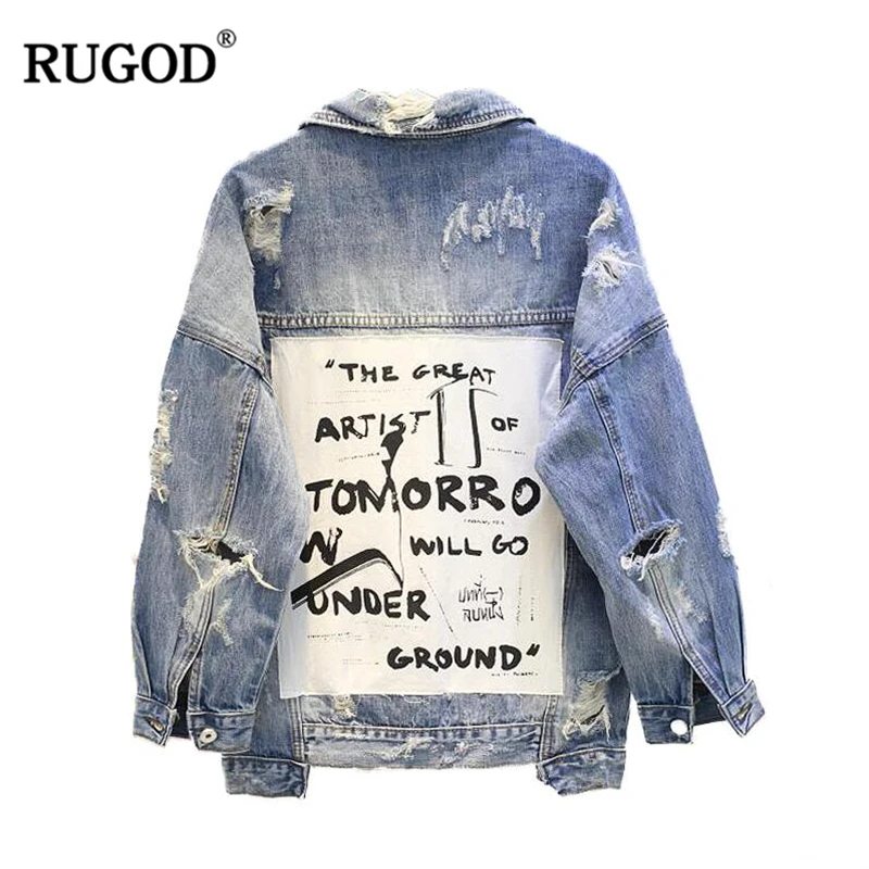 

RUGOD Basic Coat Bombers Vintage Fabric Patchwork Denim Jacket Women Cowboy Jeans 2019 Autumn Frayed Ripped Hole Jean Jacket