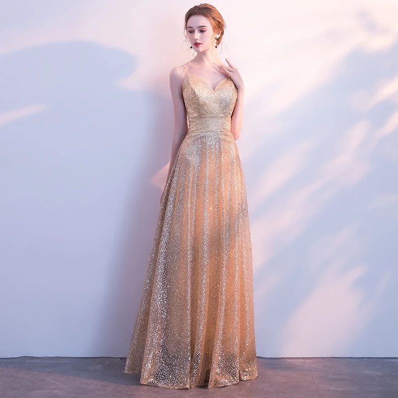 He's Bride Gold New Elegant Evening Dresses V-neck Sleeveless Floor-Length Backless Lace Sexy Prom Party Gown Robe De Soiree | Свадьбы и