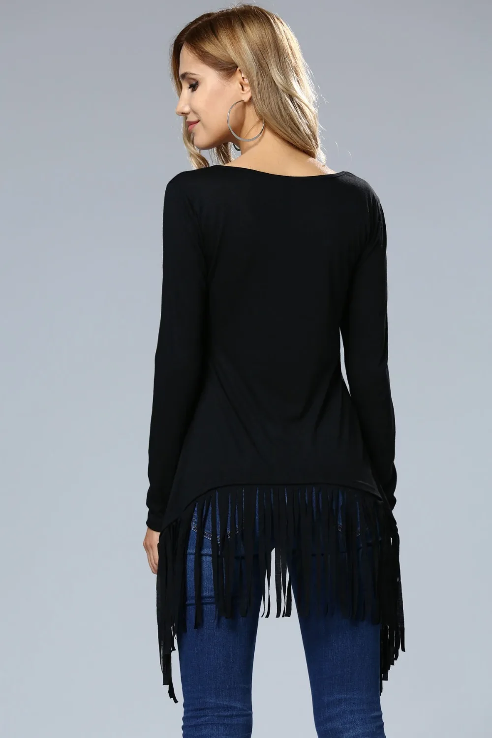 Free Shipping Black Casual Deep V-Neck Fringe Plain Long Sleeve T-Shirt For Women 3SZ60011 | Женская одежда