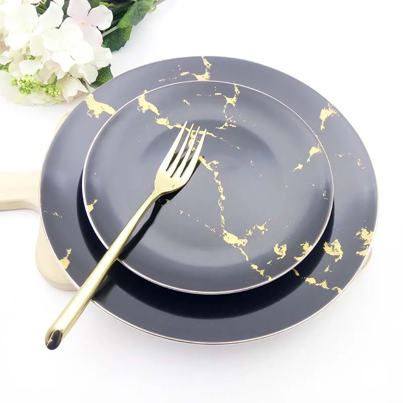 Набор керамических обеденных тарелок с золотым мраморным рисунком круглые