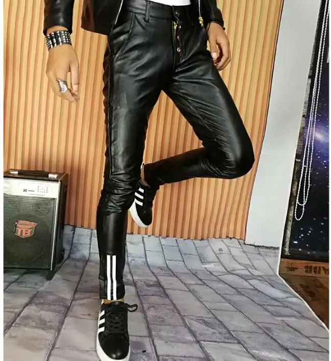 Autumn winter slim personality fashion indproof motorcycle leather pants mens feet pants pu trousers for men pantalon homme