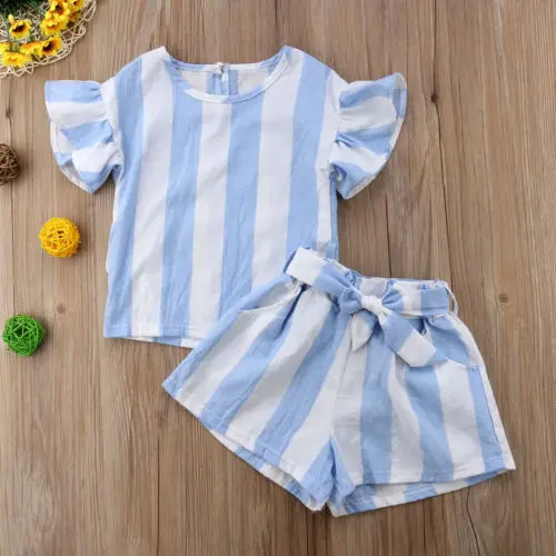 Girls Light Blue Stripe Tops T-shirt Shorts Outfits Clothes |