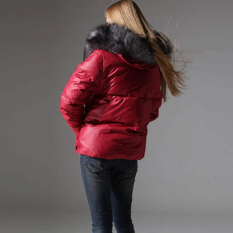 QAZXSW 2018 New Women's Winter White Duck Down Jacket Short XL Plus Fertilizer Coat Hooded Large Fur Collar Straight Outer LD066 | Женская