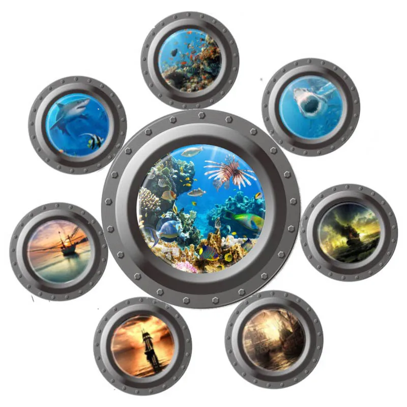Fantastic Submarine Porthole Window Wall Stickers Home Decoration Kids Sealife Coral Shark Fish Boat Scuttle Decals Art Nursery