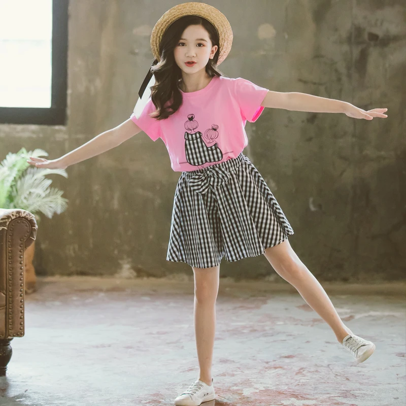 Летний комплект одежды для девочек детская футболка с круглым вырезом и