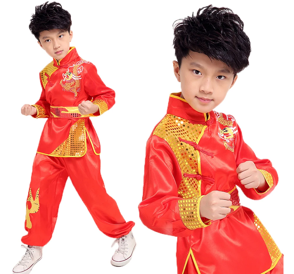 

High Quality Children Adults Tai Chi Wushu Clothing Long Sleeve Ethnic Dragon Totem Martial Art Performence Suits for Boys