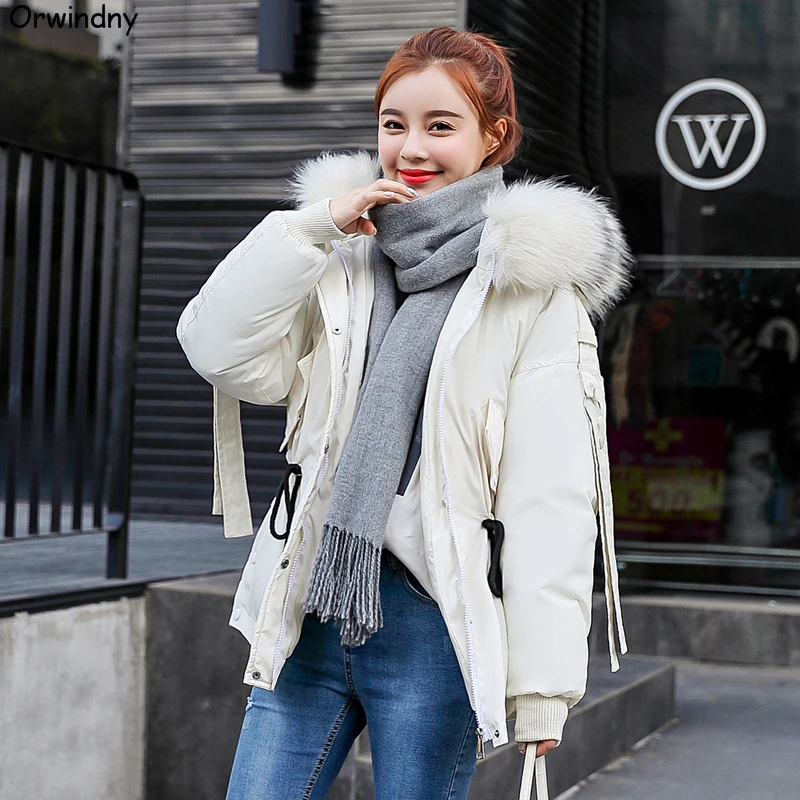 Orwindny Winter Coat Women Large Fur Collar Winter Parkas Female Slim Fashion Short Cotton Padded Jacket Hooded Wadded Coat