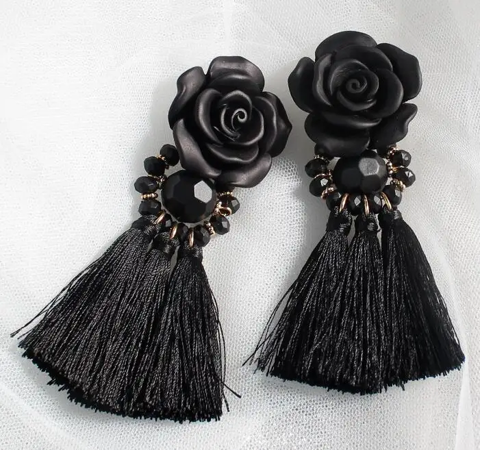 black as photo FishSheep, черные серьги с цветами и бахромой для женщин,, массивные ювелирные украшения, этнические богемные длинные висячие серьги с бахромой, аксессуары - Окраска металла: black as photo