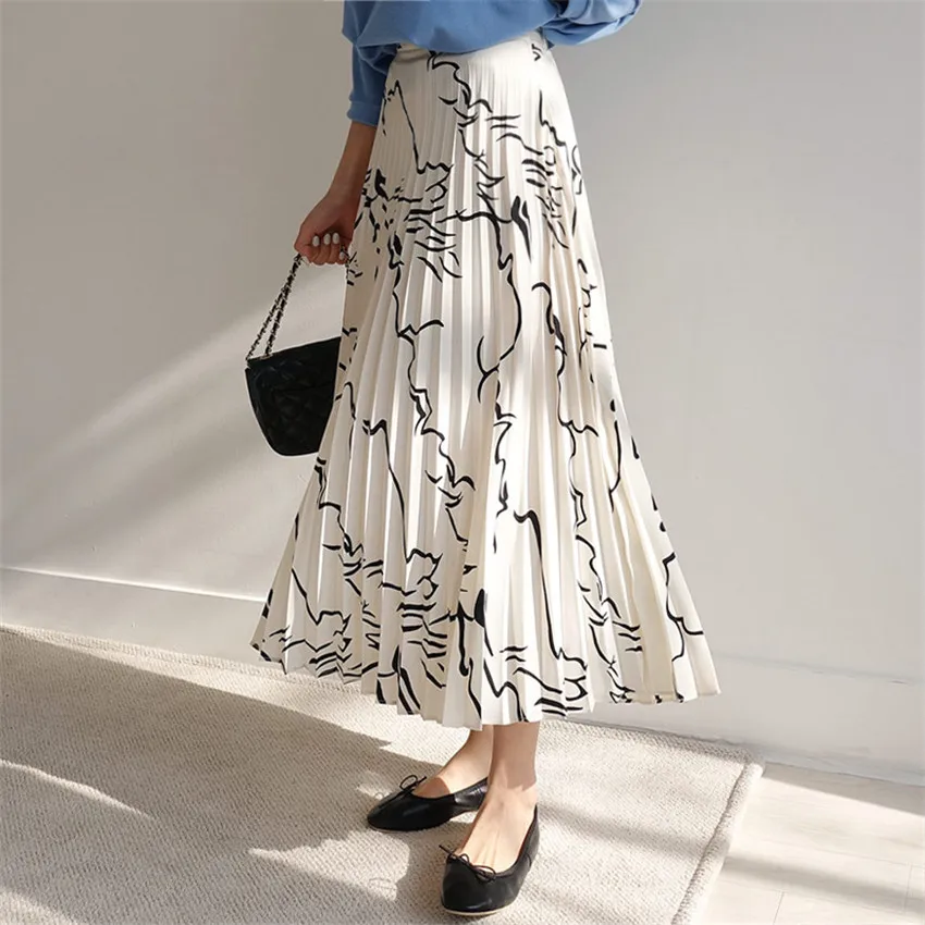 

Plus size S-2XL line pattern organ black and white skirt Summer spring pleated A-line skirt long chiffon skirt H200