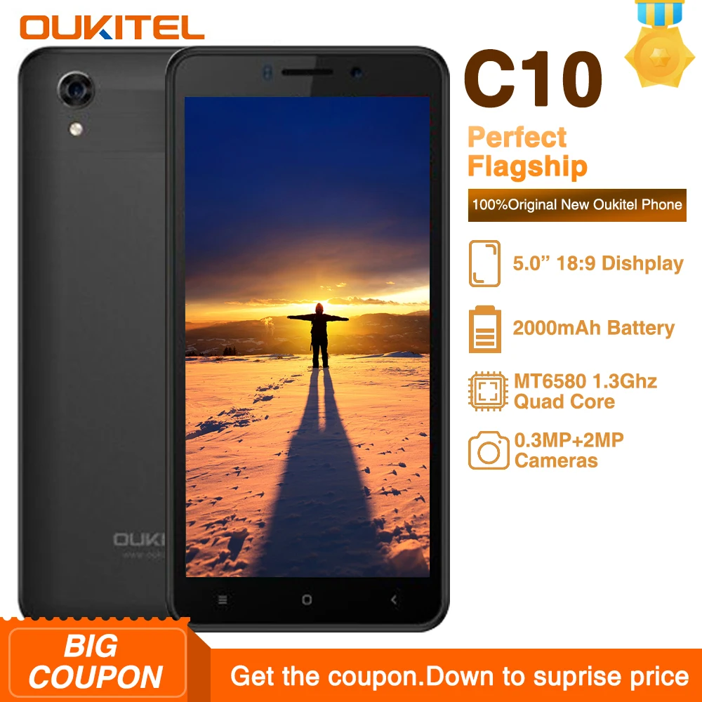 Oukitel C10 5,0 дюймов 18:9 дисплей Мобильный телефон MTK6580 четырехъядерный 1,3 ГГц две sim-карты 2000 мАч Android 8,1 3MP+ 2MP камера смартфон