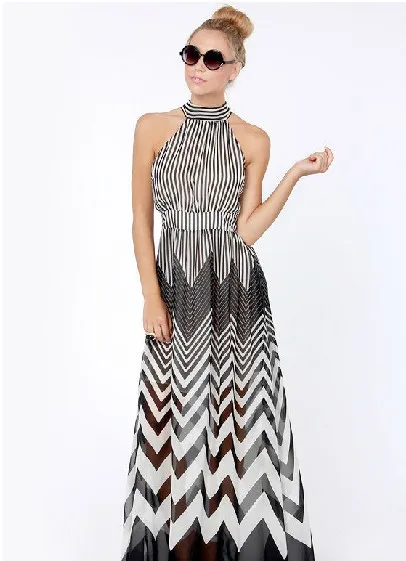 Hot sale XS- XXL 2014 Geometrical Wave Stripes Stitching Perspective Halter Maxi Long Chiffon Full Dress Free Shipping | Женская одежда
