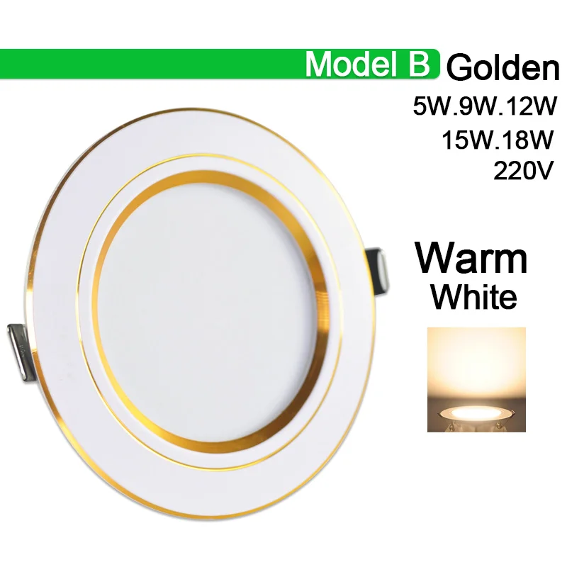 Model B Warm White Светильник, 3 Вт, 5 Вт, 9 Вт, 12 Вт, 15 Вт, 18 Вт, светодиодный потолочный светильник, серебряного, золотого цвета, ультра тонкий Алюминий AC220V 240V Круглый Встраиваемый светодиодный точечное освещение - Испускаемый цвет: Model B Warm White