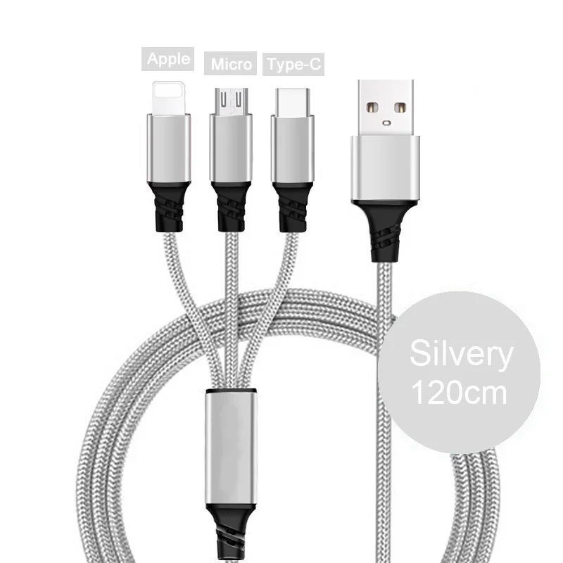 3in1 1.2M Silver 3 в 1 зарядный кабель для iPhone Xs Max XR X 10 8 7 6 s 6s Plus Micro usb type C для samsung S9 S8 huawei Xiaomi кабели для зарядки - Цвет: 3in1 1.2M Silver