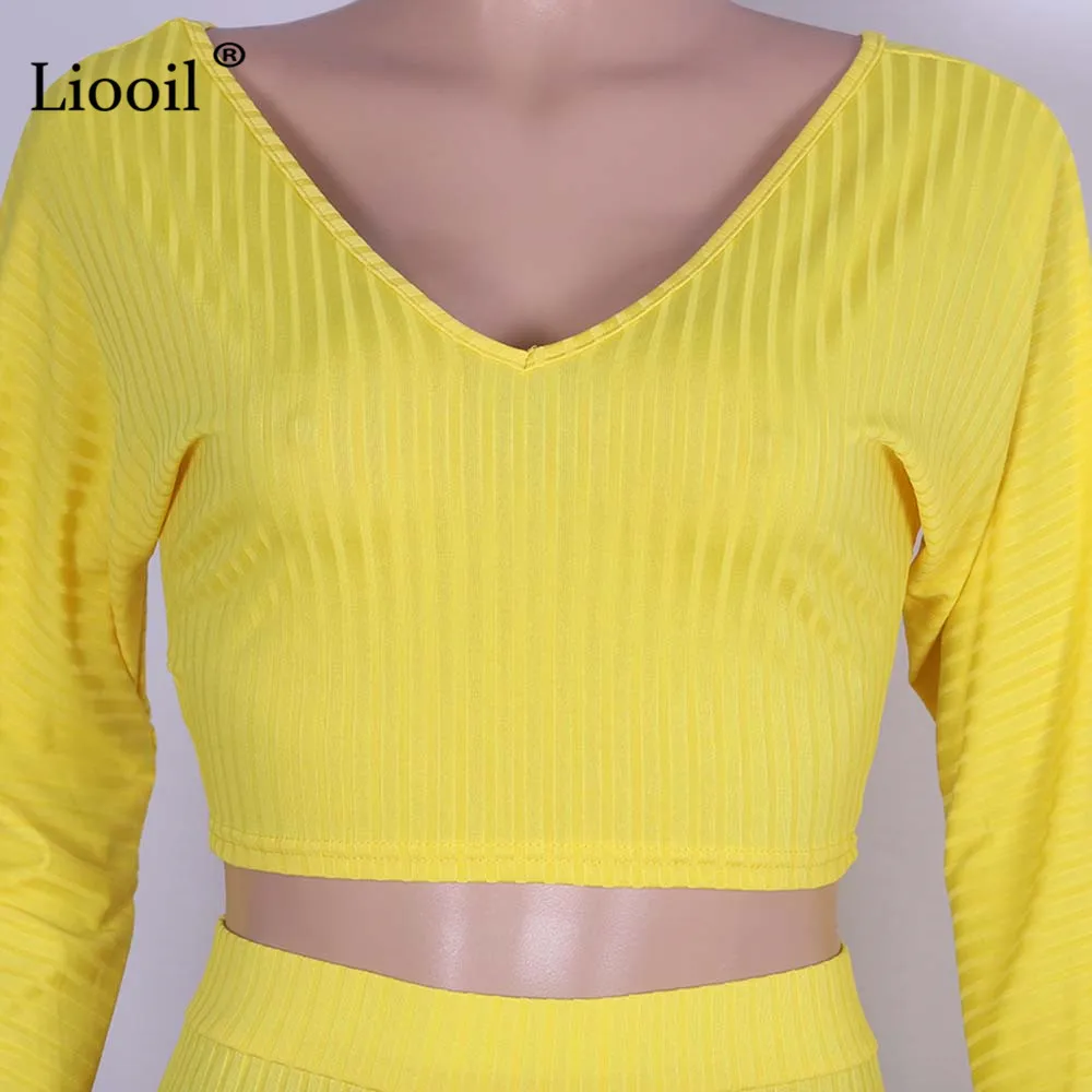 Liooil, черный комплект из двух предметов, зимний сексуальный комплект из 2 предметов с открытыми плечами, топ и штаны, наряды для женщин, зеленый, желтый,, подходящие комплекты