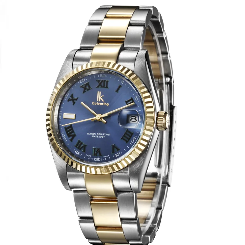blue gold silver Топ люксовый бренд ИК окраска механические часы автоматические для мужчин Авто Дата часы человек Полный нержавеющая сталь платье наручные часы Relogios - Цвет: blue gold silver