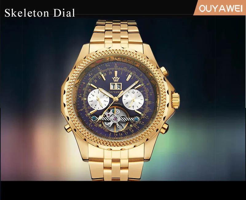 OUYAWEI Авто Дата для мужчин s Tourbillon часы золото Сталь механические Автоматические часы для мужчин люксовый бренд большой циферблат военные наручные часы