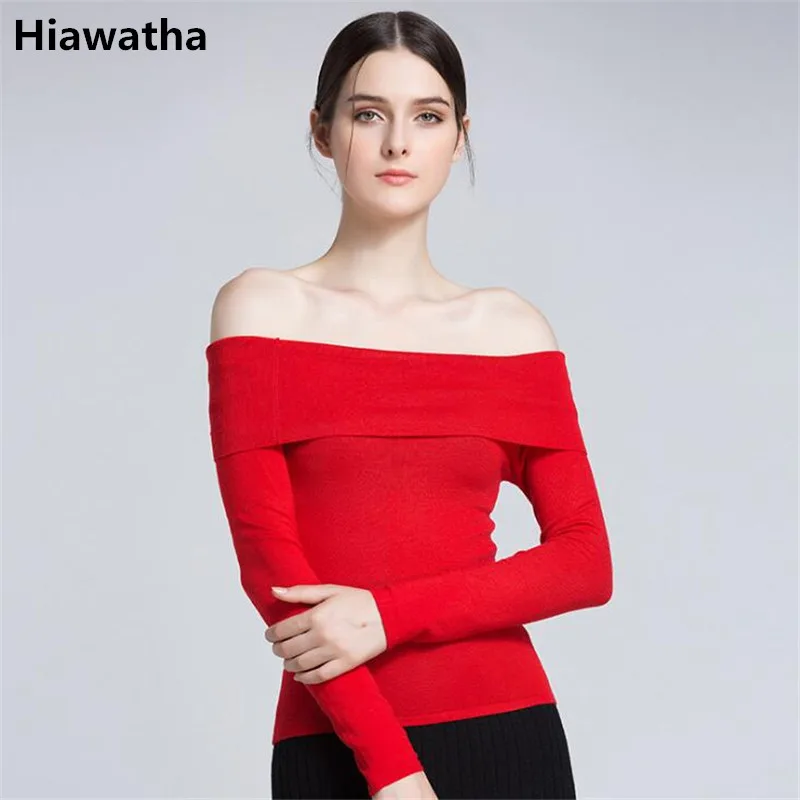 

Hiawatha Women Sexy Slash Neck Skinny Sweater European American Knitted Pullover Casual Long Sleeve Solid Color Sweaters M024