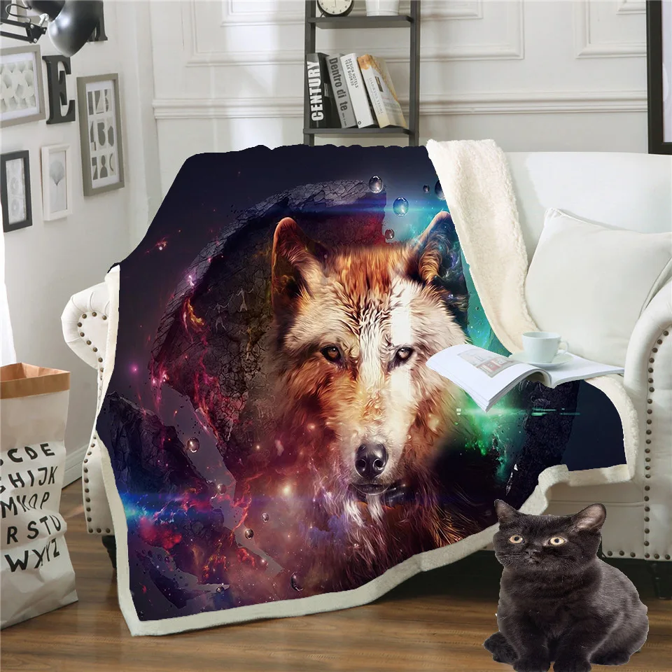 Модное покрывало шерпа для кровати с рисунком Черного Волка и кристаллами