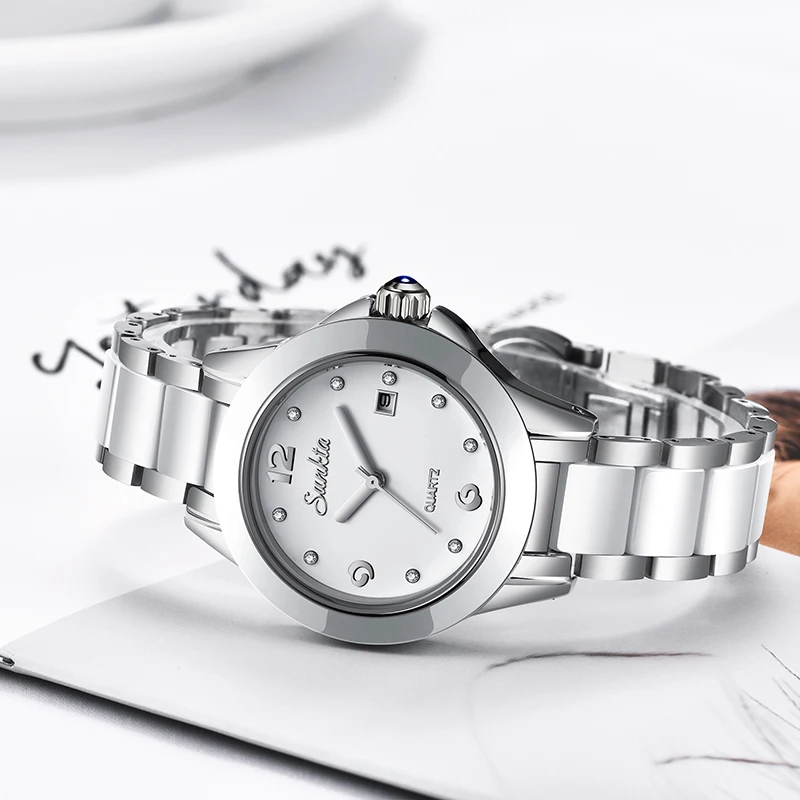 SUNKTA женские модные кварцевые часы из розового золота с кристаллами керамические