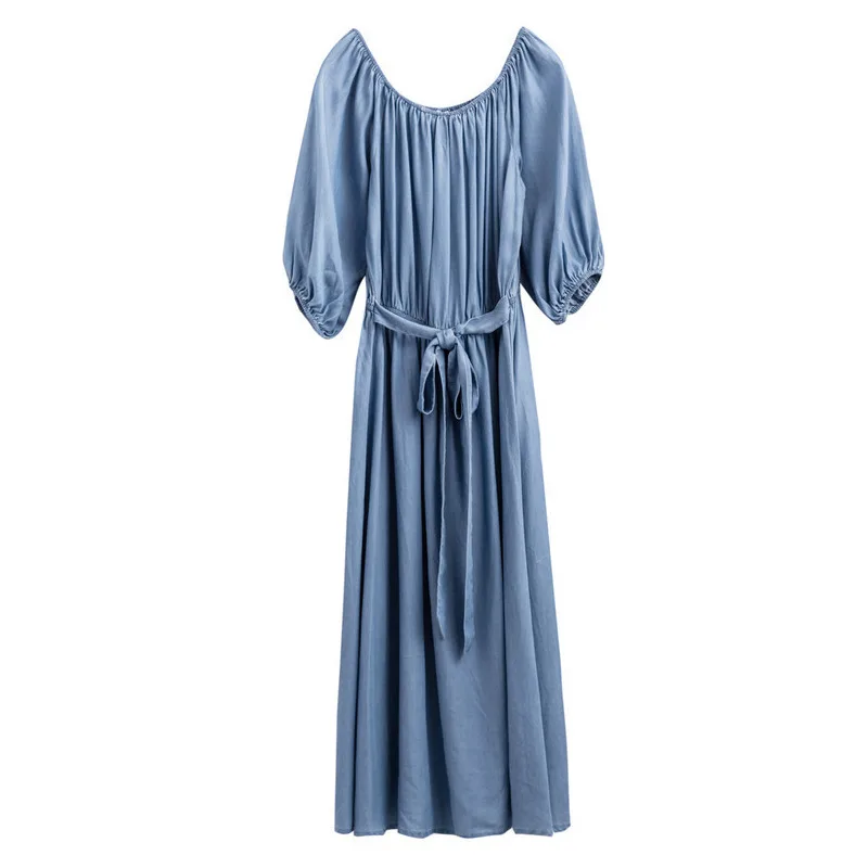 Inman 2018 Summer New Elastic Folds Two Way to Wear Slash Collar Puff Sleeves Belt Waist Women Denim Dresses | Женская одежда