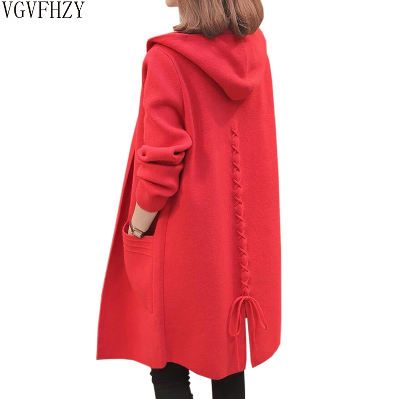 Женский свитер с капюшоном на осень и зиму вязаный длинный кардиган куртка