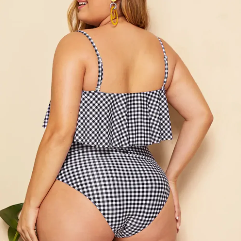 Женский цельный купальник размера плюс в клетку Ruflle с открытыми плечами монокини