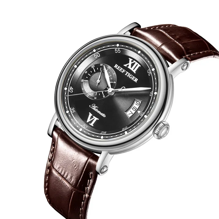 Reef Tiger RGA1617-2 Мода из натуральной кожи Band men waterproof 24 Hour Dial Automatic Self Wind механические наручные часы