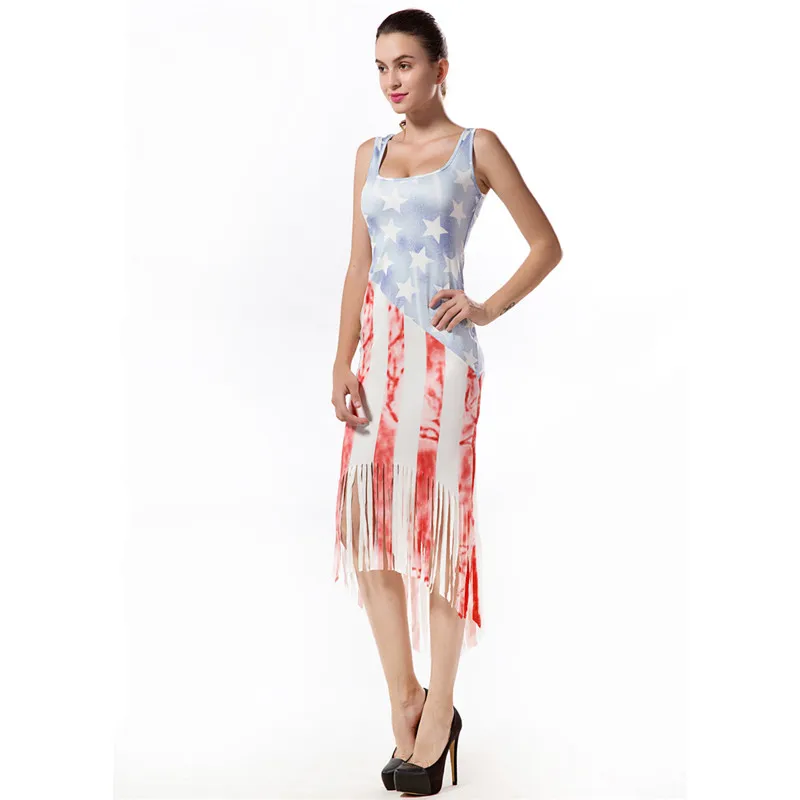 Кисточкой американский флаг печати платье без рукавов Женская мода o образным