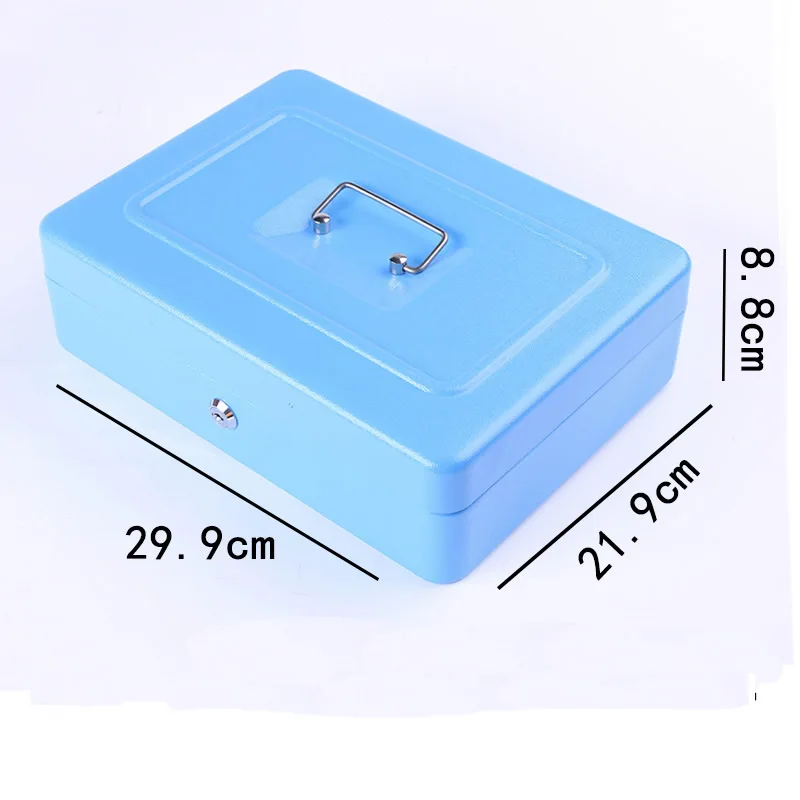 Light Blue 1" дюймовый портативный кассовый ящик с лотком ключ запираемый депозит стальной Олово металлический банк денег домашний магазин ювелирных изделий Сейф 30x22x9 см - Цвет: Light Blue